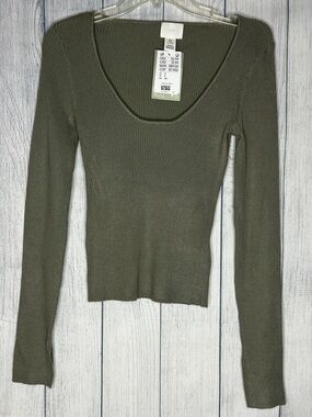H&M Olive Ribbed Scoop-Neck Long Sleeve Top